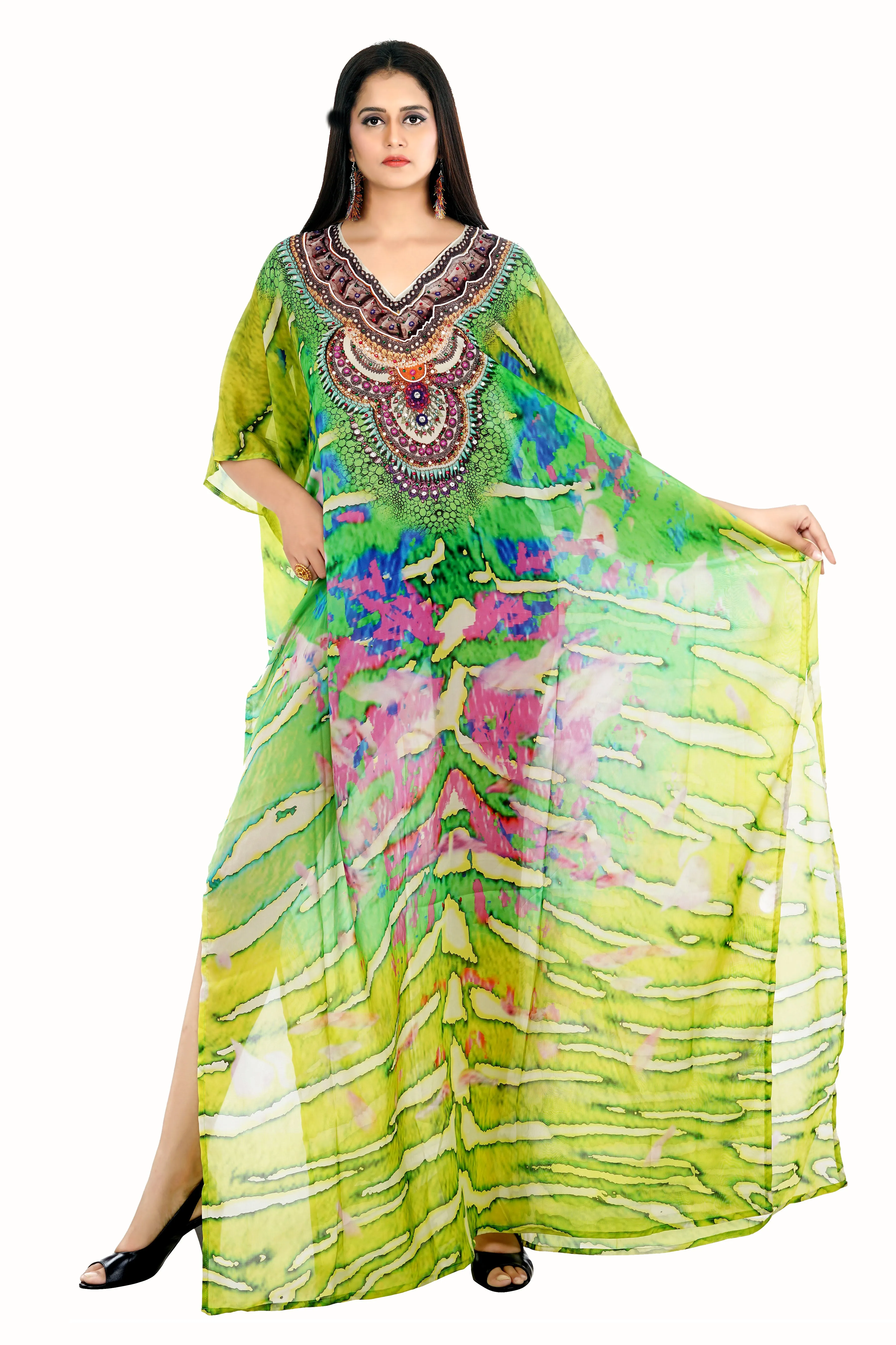 Green Camouflage Print Silk Kaftan for Special events